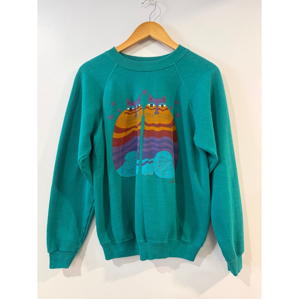Vintage Laurel Burch Cat Graphic Sweatshirt Teal Green Large Made in USA 80s 90s